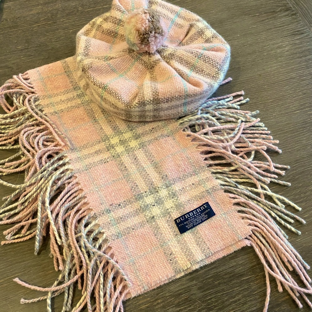 Burberry Pink Scarf and Pom Pom Beret